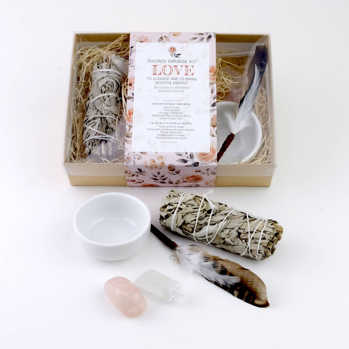 Love Smudge Kit with sage, white dish, pink stones, feather fan and gift box