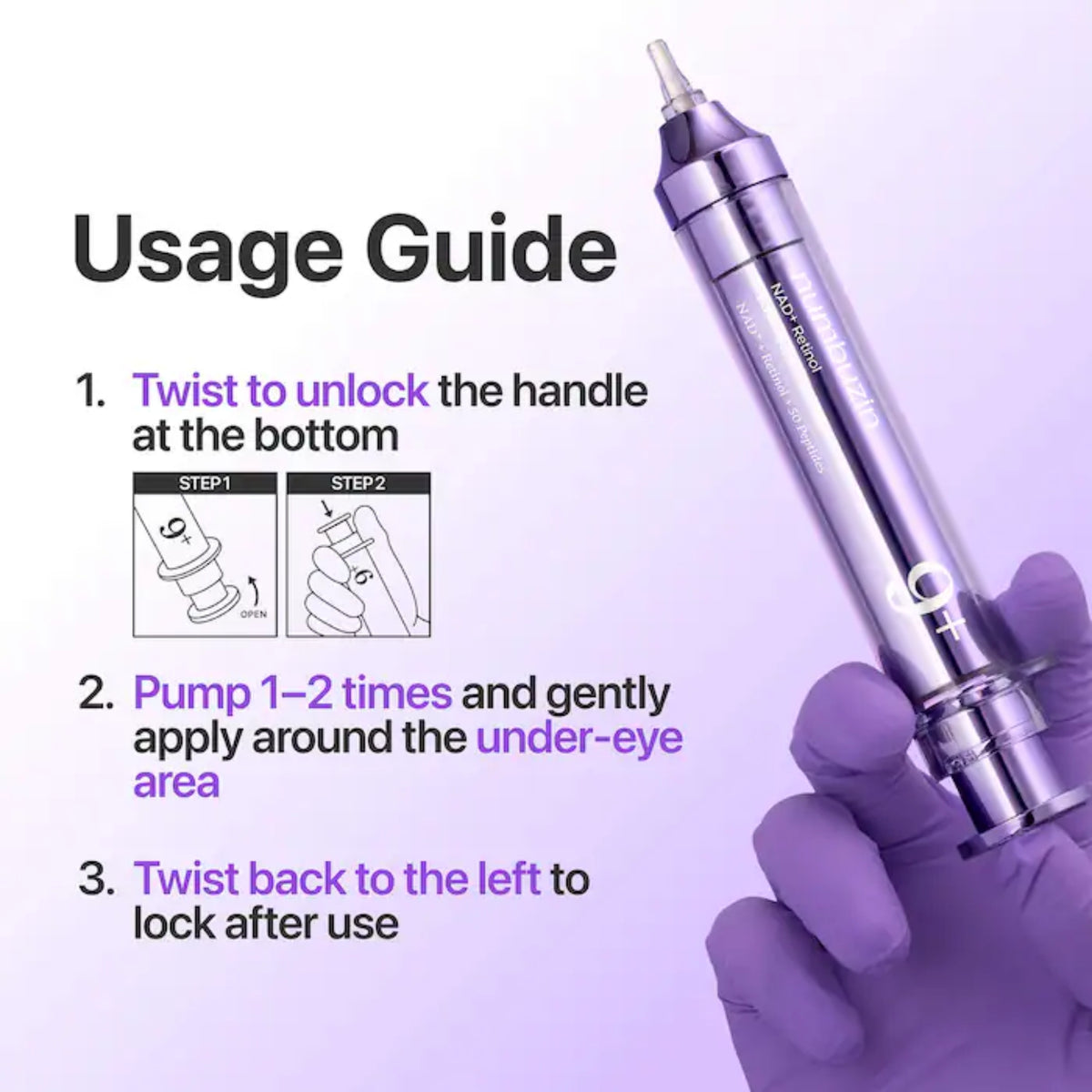 Usage guide graphic for numbuzin - No.9 NAD+ Retinol Volumetox Eye Cream showing a purple and silver eye-travel pump device held by a gloved hand, with text instructions on how to unlock, pump, and apply around the under-eye area.