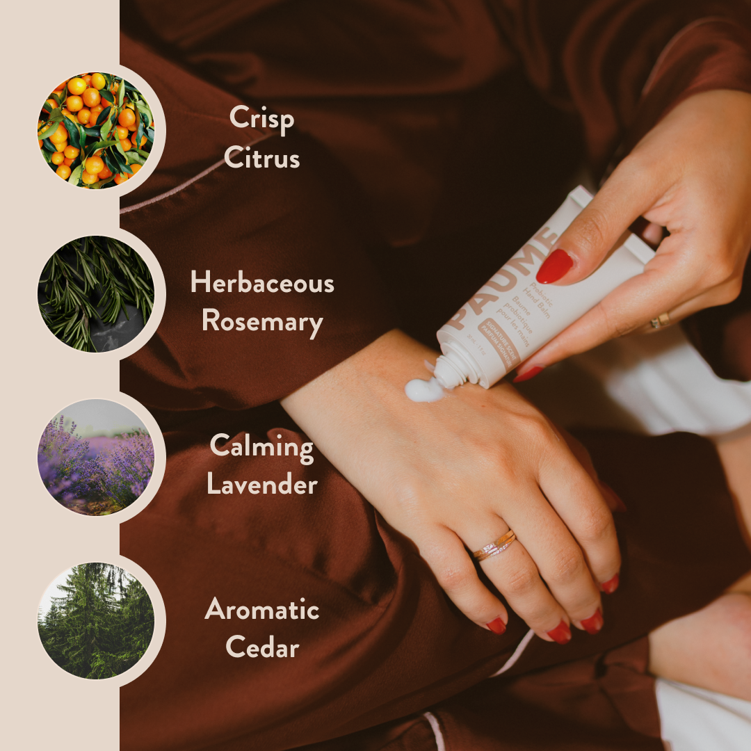 Person applying PAUME Hand Balm with scents listed as Crisp Citrus, Herbaceous Rosemary, Calming Lavender, and Aromatic Cedar.