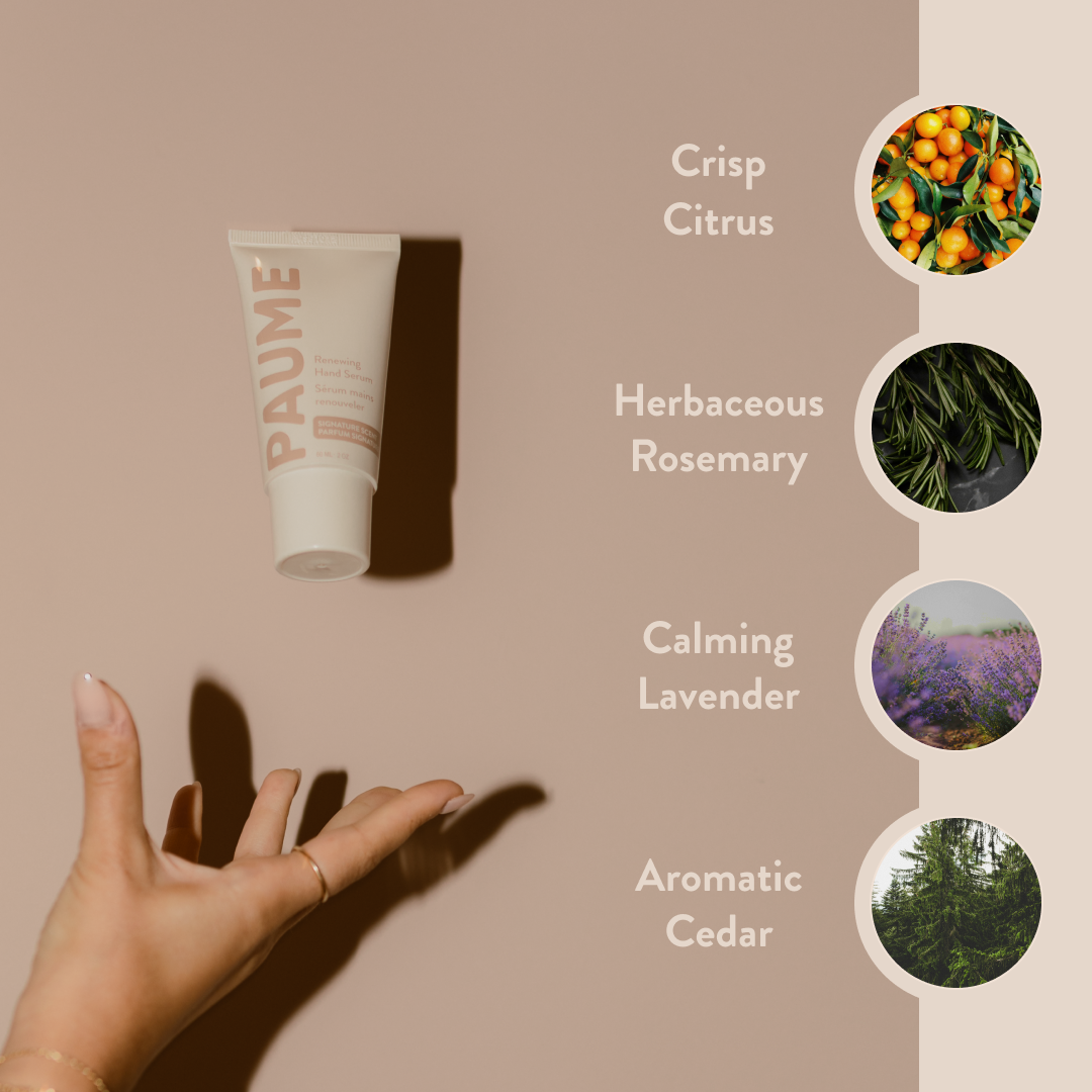 PAUME serum skincare product with scents listed on a beige background