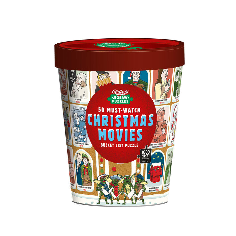 50 Must-Watch Christmas Movies 1000-piece jigsaw puzzle in illustrated cylindrical packaging
