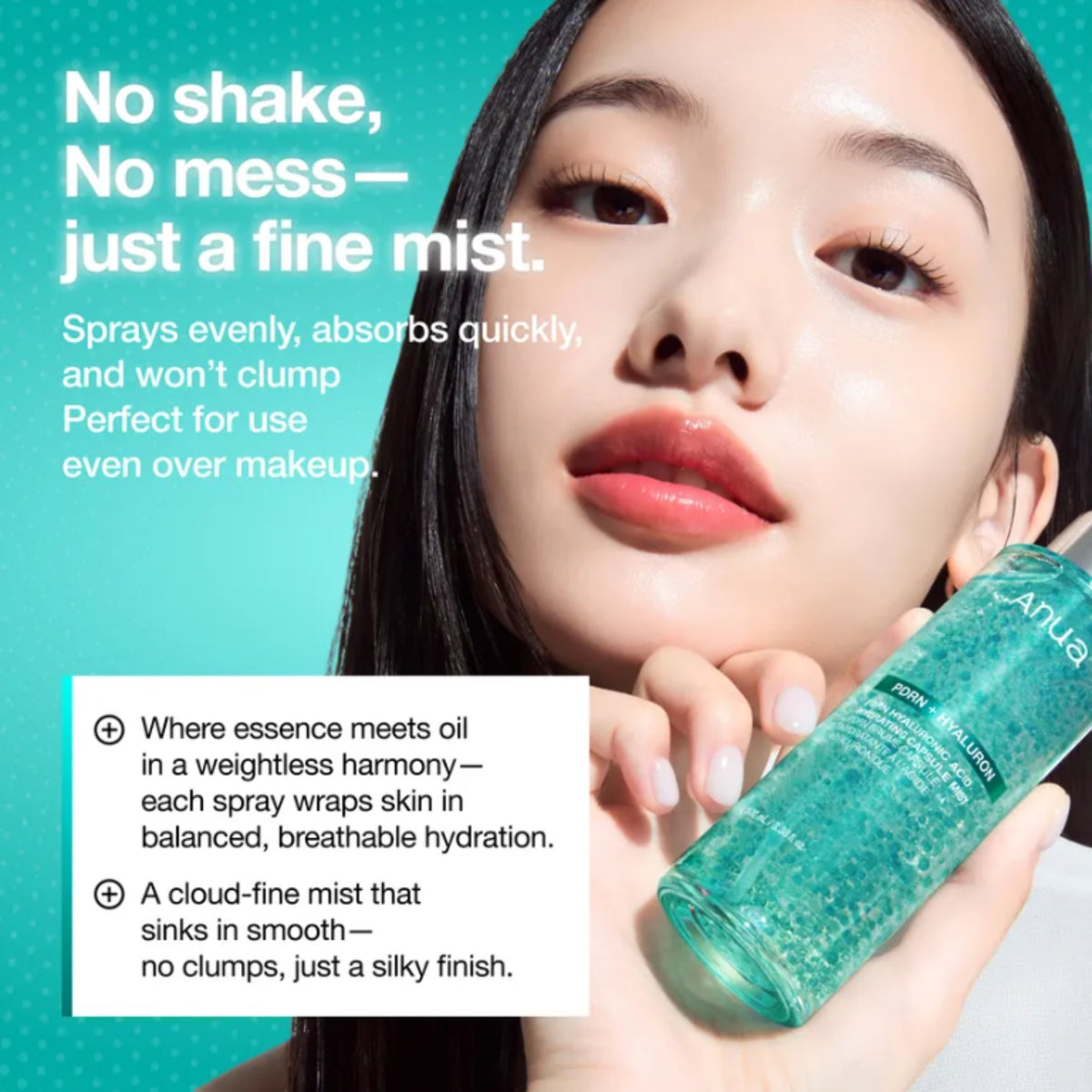 A close-up beauty ad showing a woman holding a teal Anua - PDRN Hyaluronic Acid Hydrating Capsule Mist bottle against a turquoise background, with promotional text describing the spray and its use over makeup.