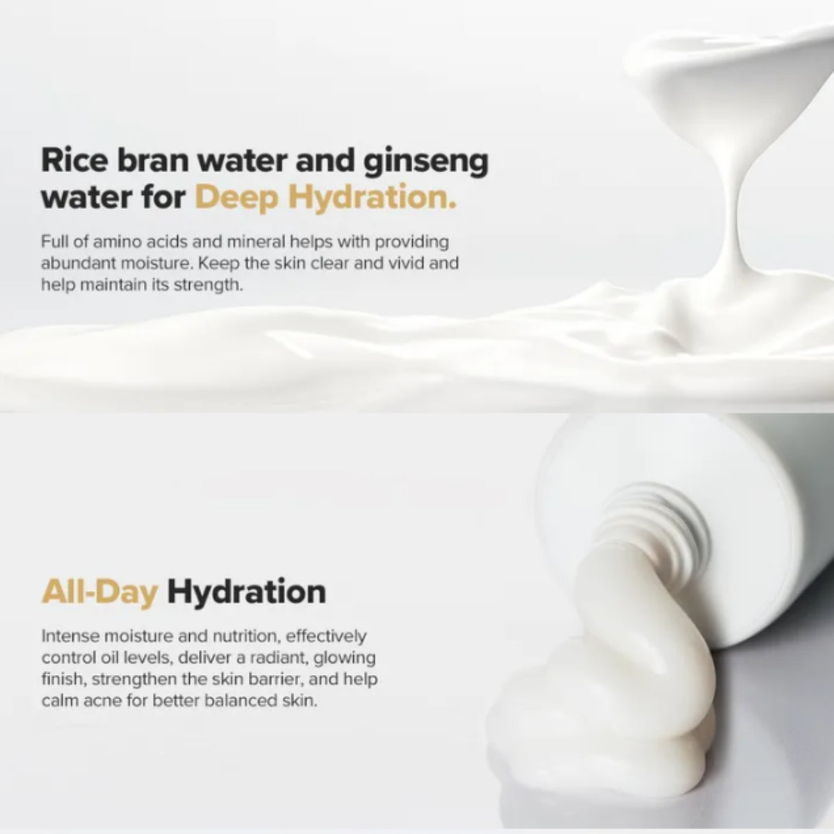 Beauty of Joseon Dynasty Cream product showing white cream being poured and squeezed, with text reading 'Rice bran water and ginseng water for Deep Hydration' and 'All-Day Hydration' on a clean white background.