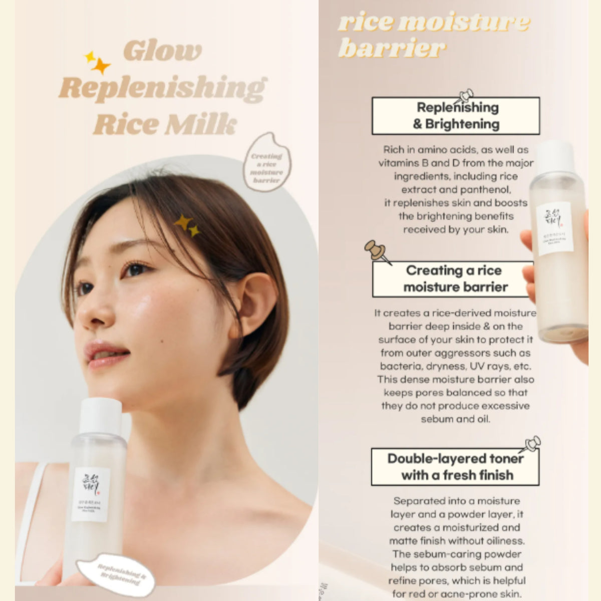 Beauty of Joseon beauty graphic for a rice-replenishing rice milk toner. The left side shows a woman with a glowing face and neck, holding a white bottle.