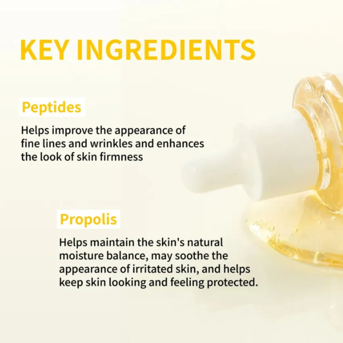 NIDA Peptide Propolis Renewal Serum graphic with the heading 'KEY INGREDIENTS' on a warm off-white background, showing text about peptides and propolis alongside a close-up of a clear dropper bottle containing golden serum.