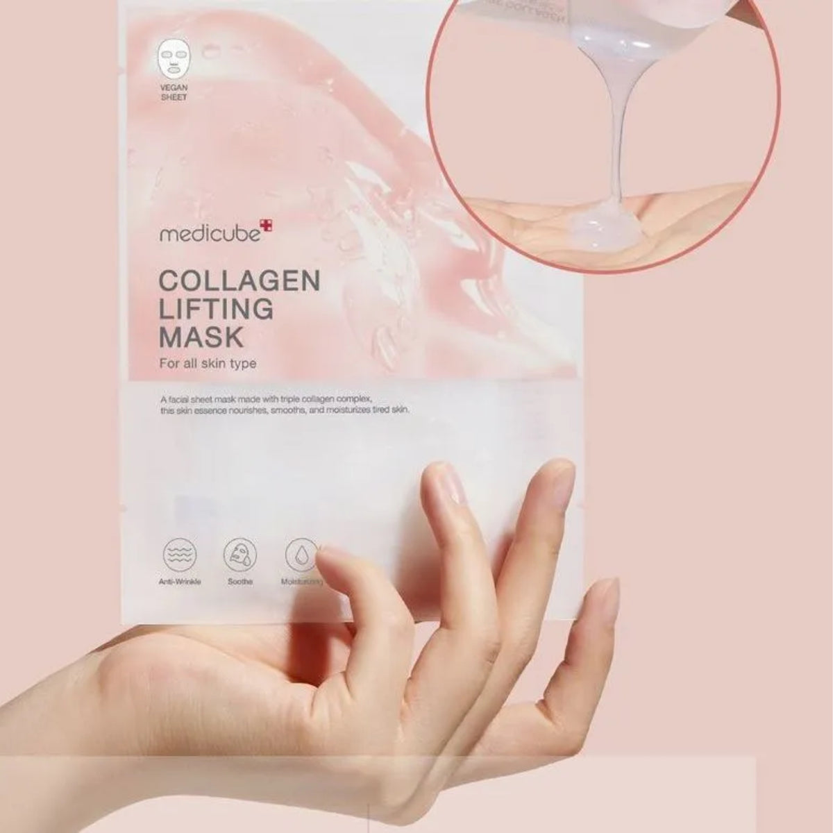 A hand holds a package of medicube Collagen Lifting Mask against a soft pink background, with a circular inset showing the translucent gel being poured onto skin.