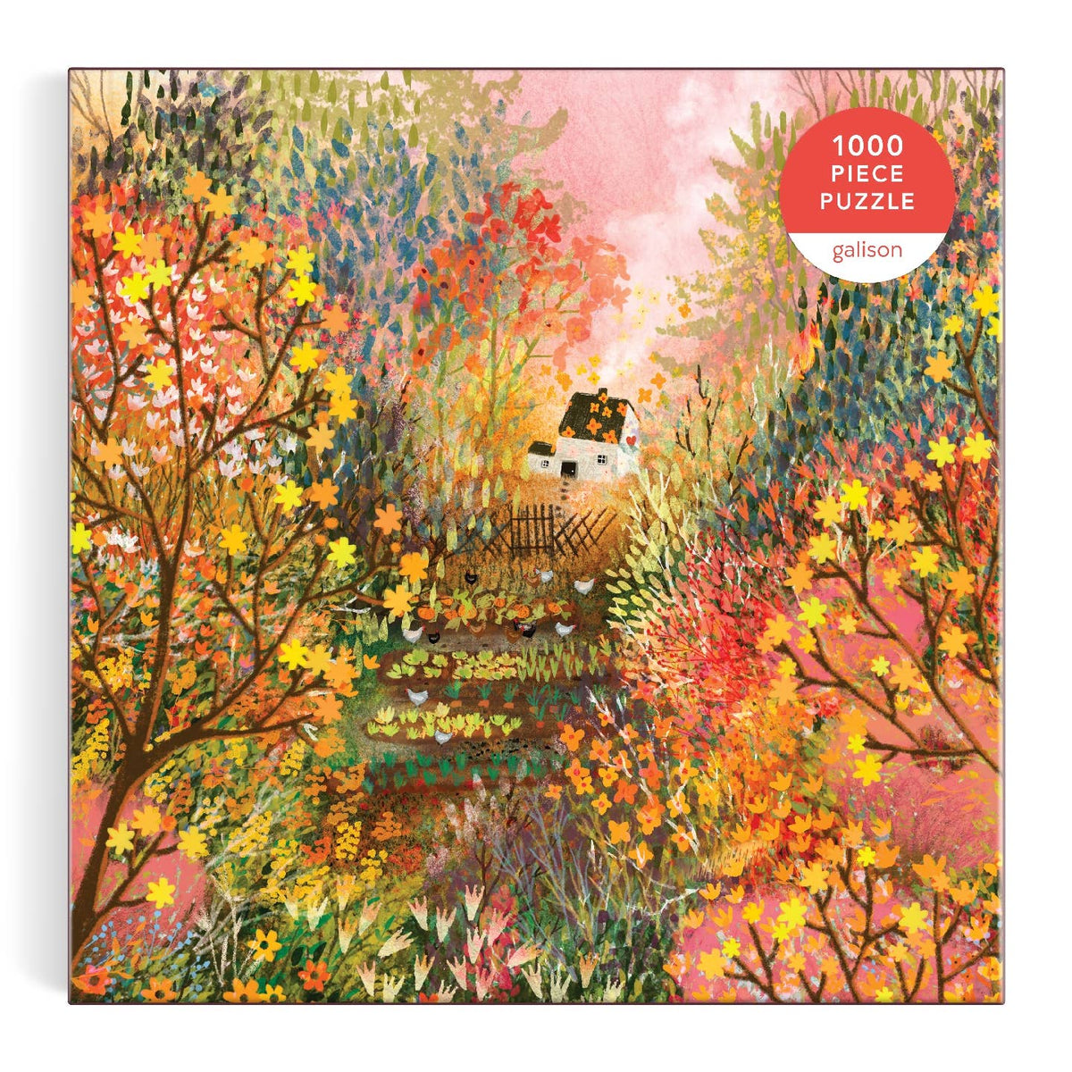 Garden scene puzzle packaging with colorful trees and house, featuring 'galison' brand.