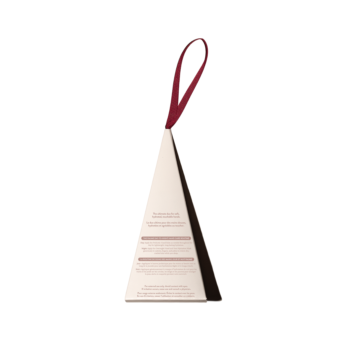 A triangular paper packaging insert with a burgundy hanging loop at the top, shown on a plain white background.