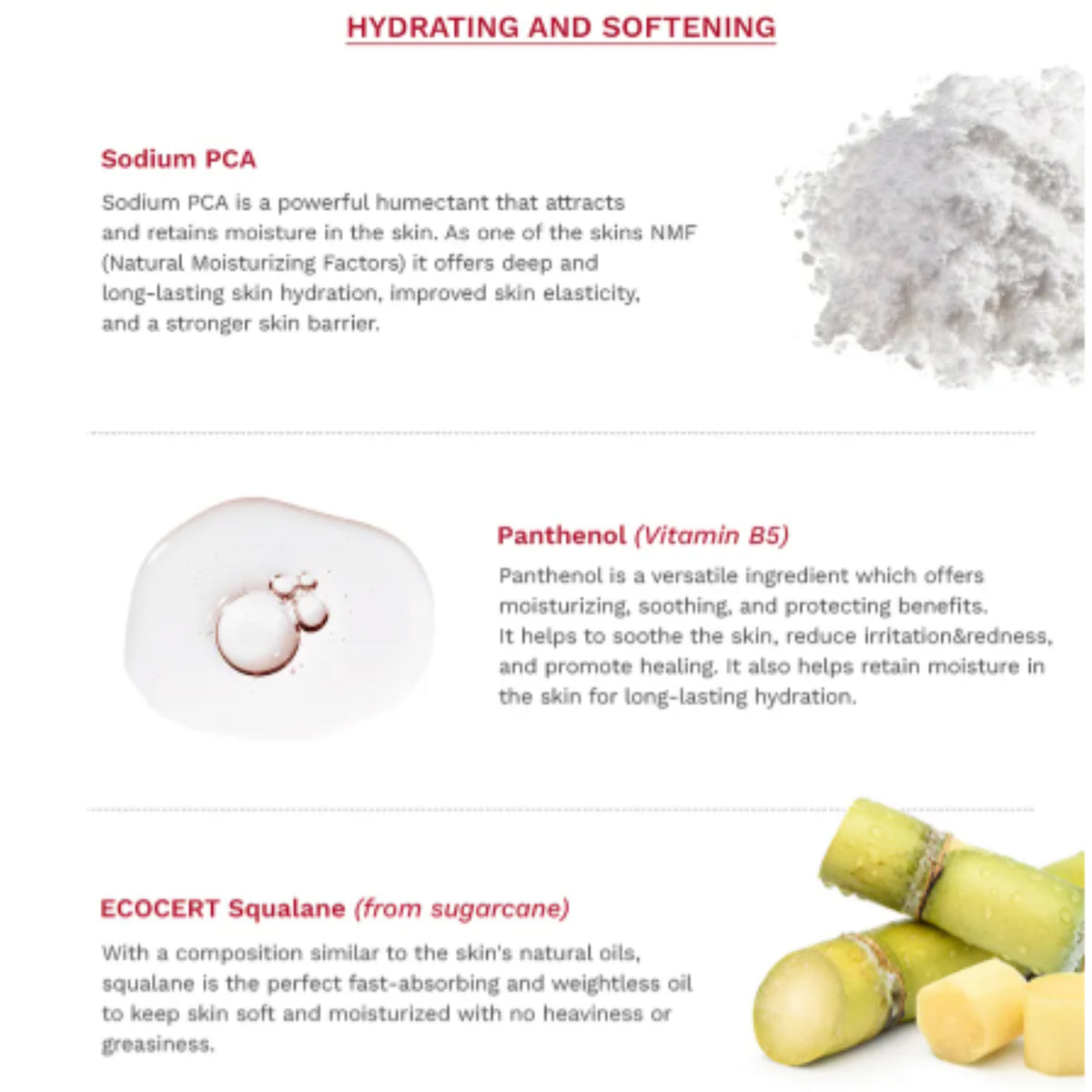 haruharu wonder Rose PDRN Soothing Serum with Azelaic Acid with three text sections: Sodium PCA, Panthenol (Vitamin B5), and ECOCERT Squalane (from sugarcane). The top right shows white powder, the middle left shows a white bottle with pink droplets, and the bottom right shows green and yellow sugarcane roots.