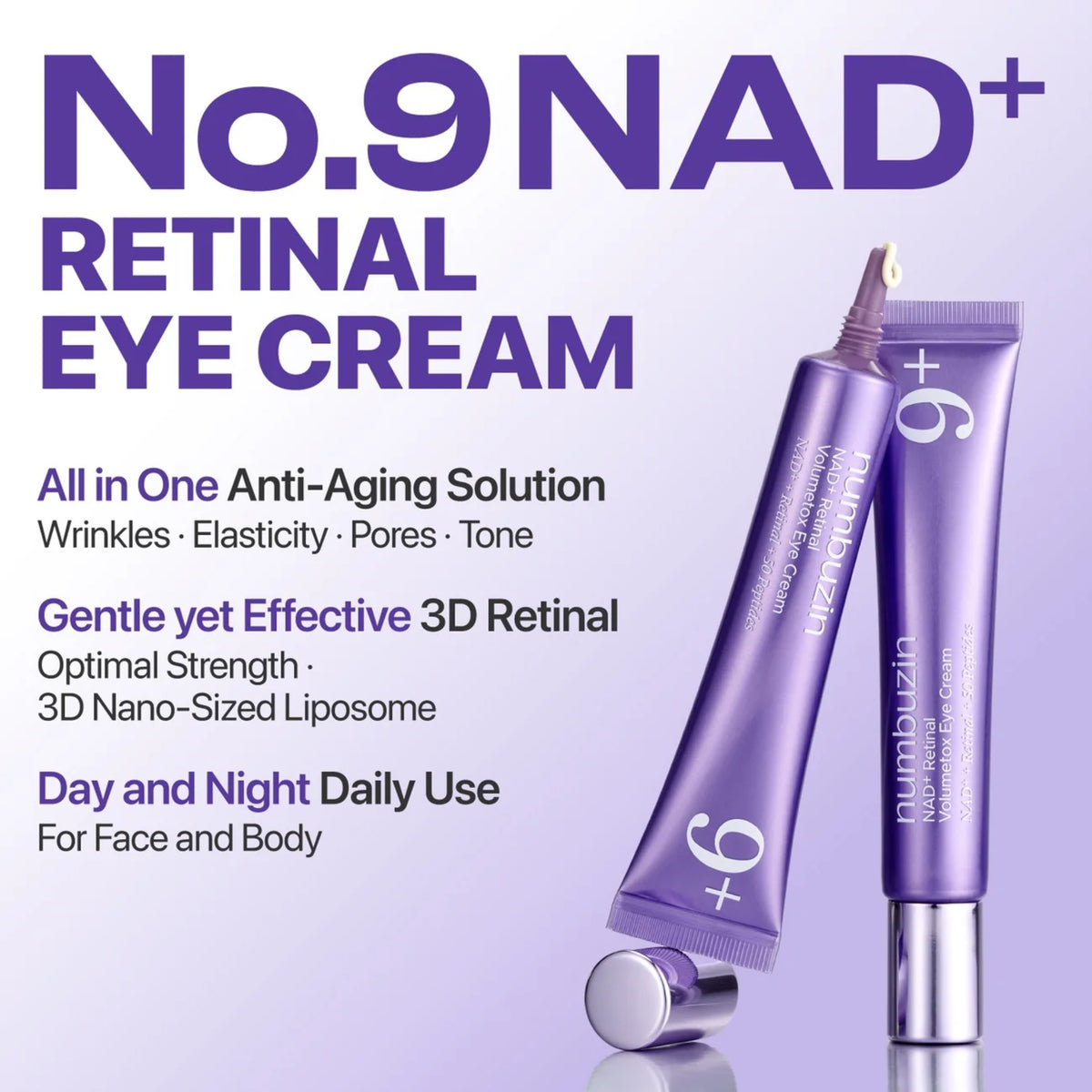 Advert for numbuzin - No.9 NAD+ Retinal Volumetox Eye Cream on a purple background