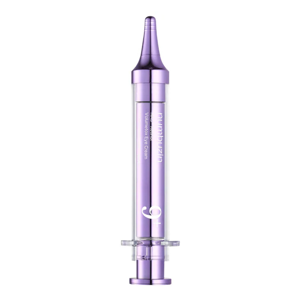 numbuzin - No.9 NAD+ Retinol Volumetox Eye Cream syringe-style applicator pen in metallic lavender purple with a clear barrel, shown upright on a plain white background.