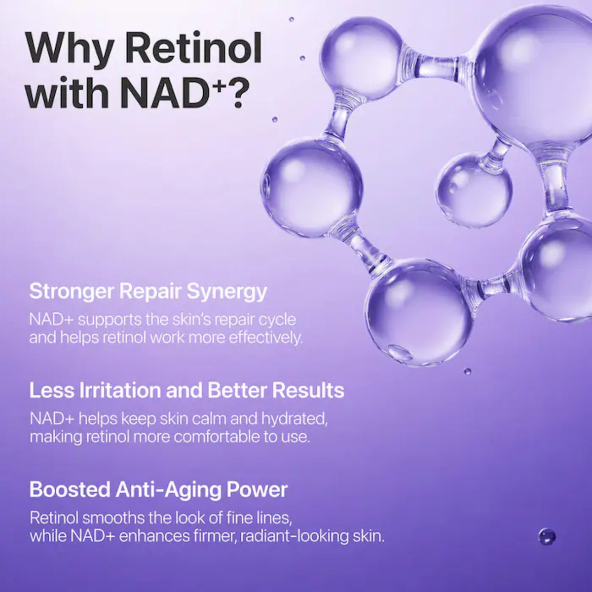 numbuzin - No.9 NAD+ Retinol Volumetox Eye Cream informational graphic with a purple gradient background and a transparent molecular illustration of a retinol molecule. Large text reads 'Why Retinol with NAD+?' followed by three benefit callouts: 'Stronger Repair Synergy,' 'Less Irritation and Better Results,' and 'Boosted Anti-Aging Power.