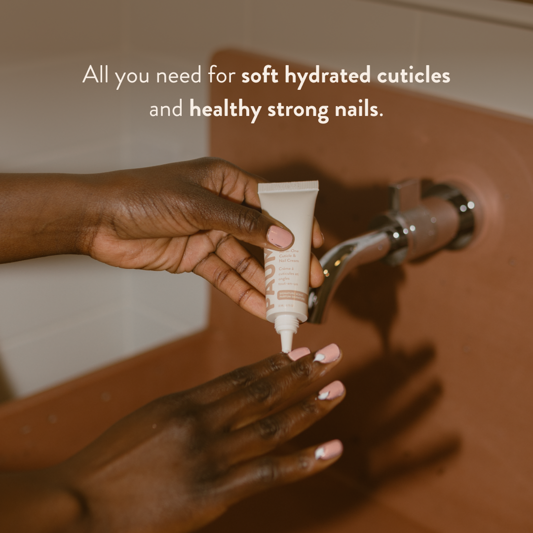 Hand applying All-in-One Cuticle & Nail Cream to another hand with text about cuticles and nails.