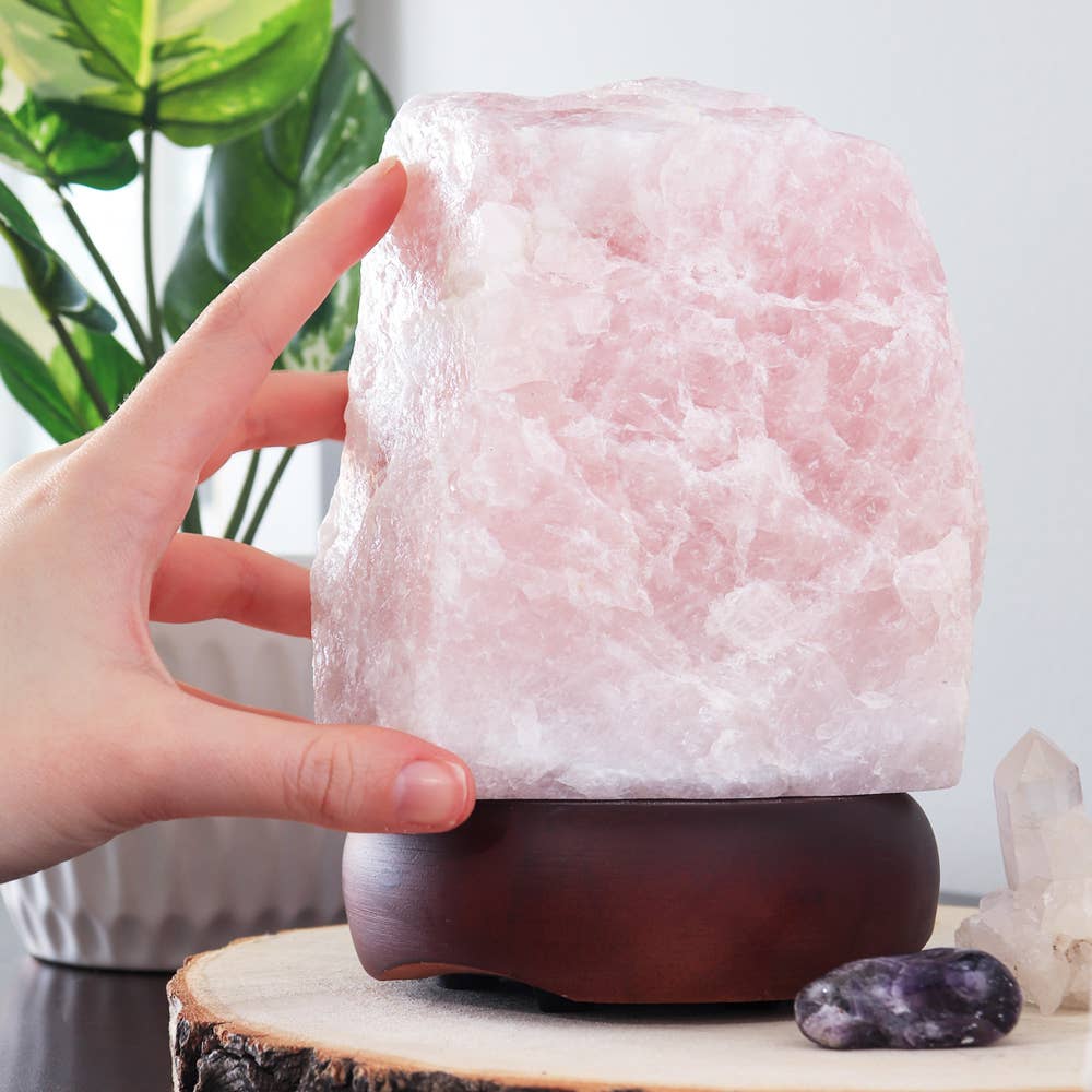 Hand holding a pink crystal lamp with a natural wooden base, surrounded by plants and crystals.