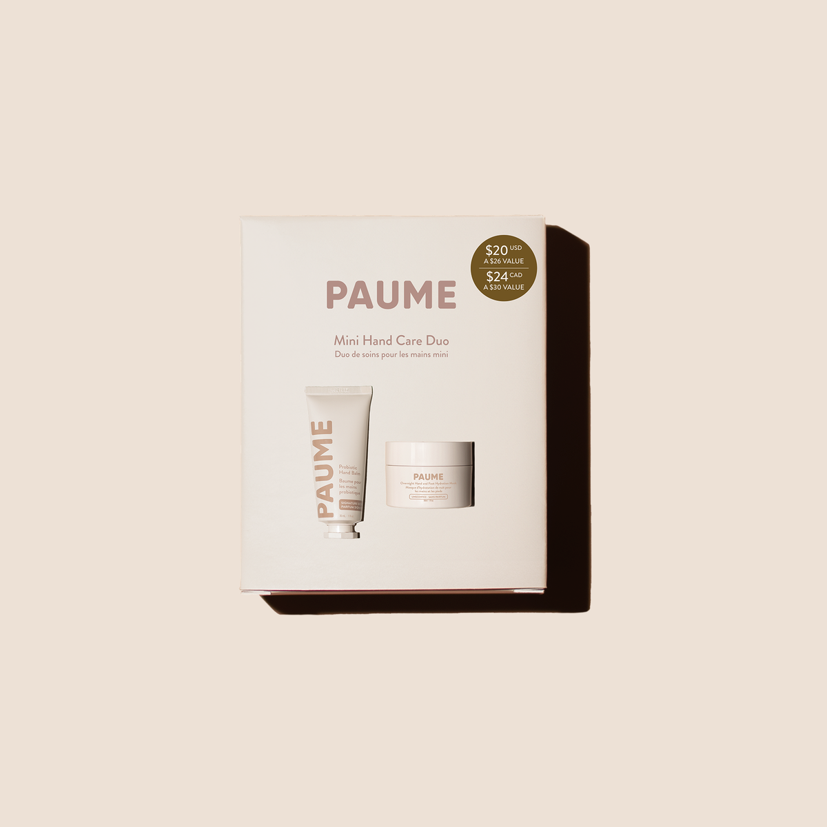 PAUME mini hand care duo set on a beige background