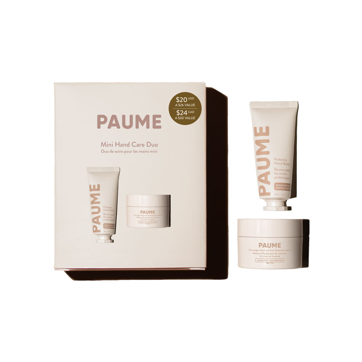 PAUME mini hand care duo set with packaging on a white background