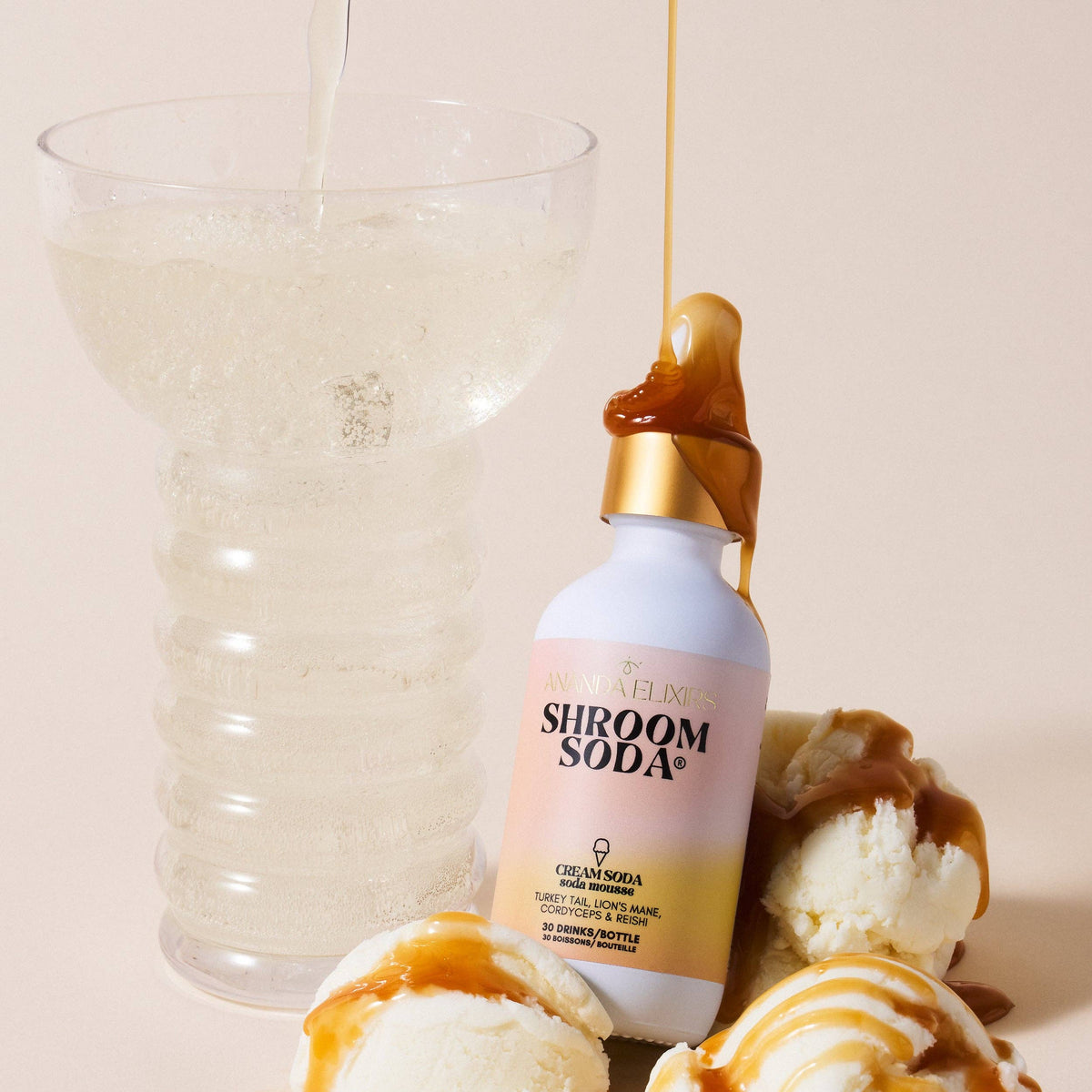 Shroom Soda  Cream Soda bottle with caramel drizzle over ice cream on a beige background