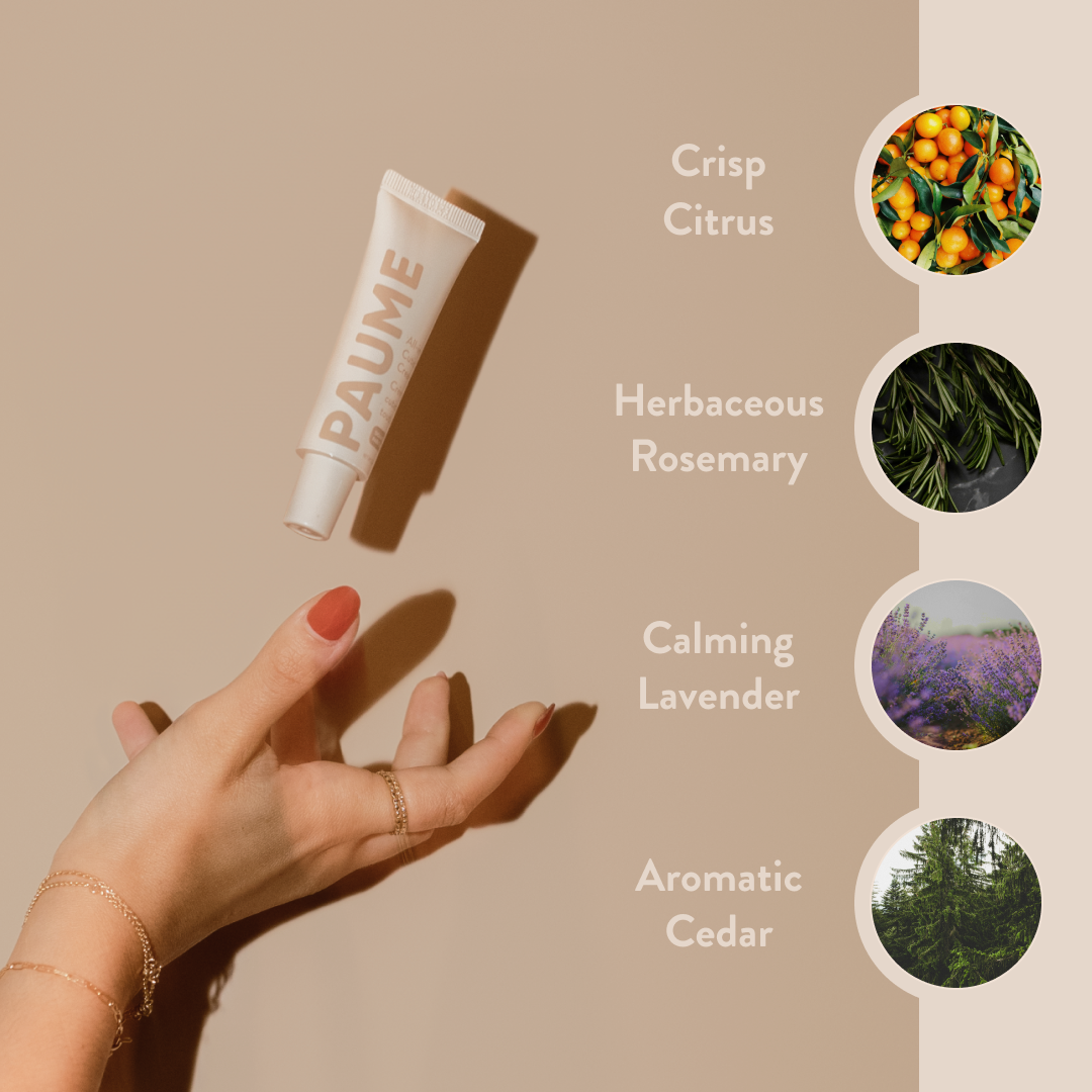 All-in-One Cuticle & Nail Cream  with scents listed on a beige background