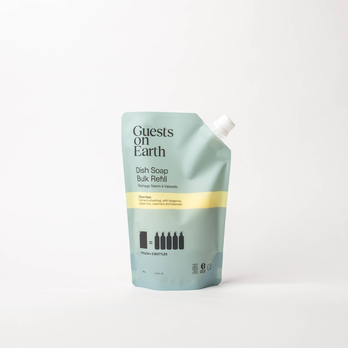 Guests on Earth Citrus Oasis Dish Soap bulk refill pouch on a white surface.