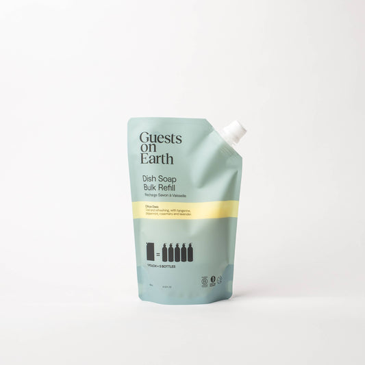 Guests on Earth Citrus Oasis Dish Soap bulk refill pouch on a white surface.