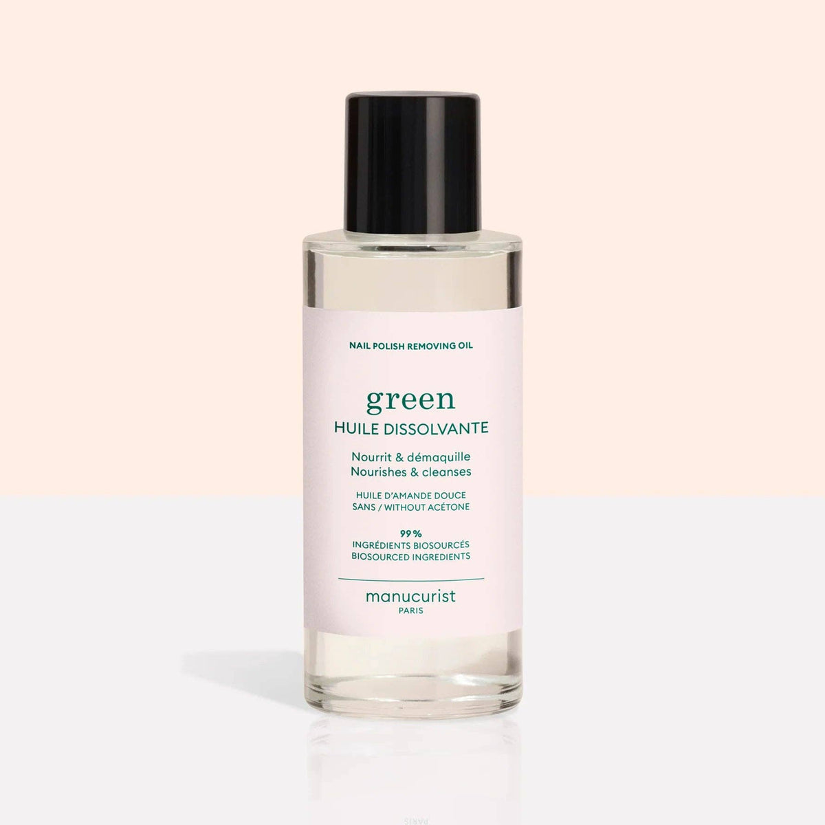 Manucurist Green Remover Oil 100 mL clear bottle with a black cap and pale pink label