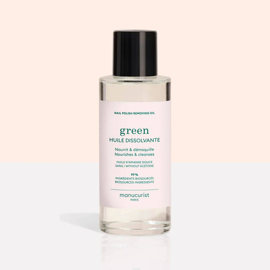 Manucurist Green Remover Oil 100 mL clear bottle with a black cap and pale pink label