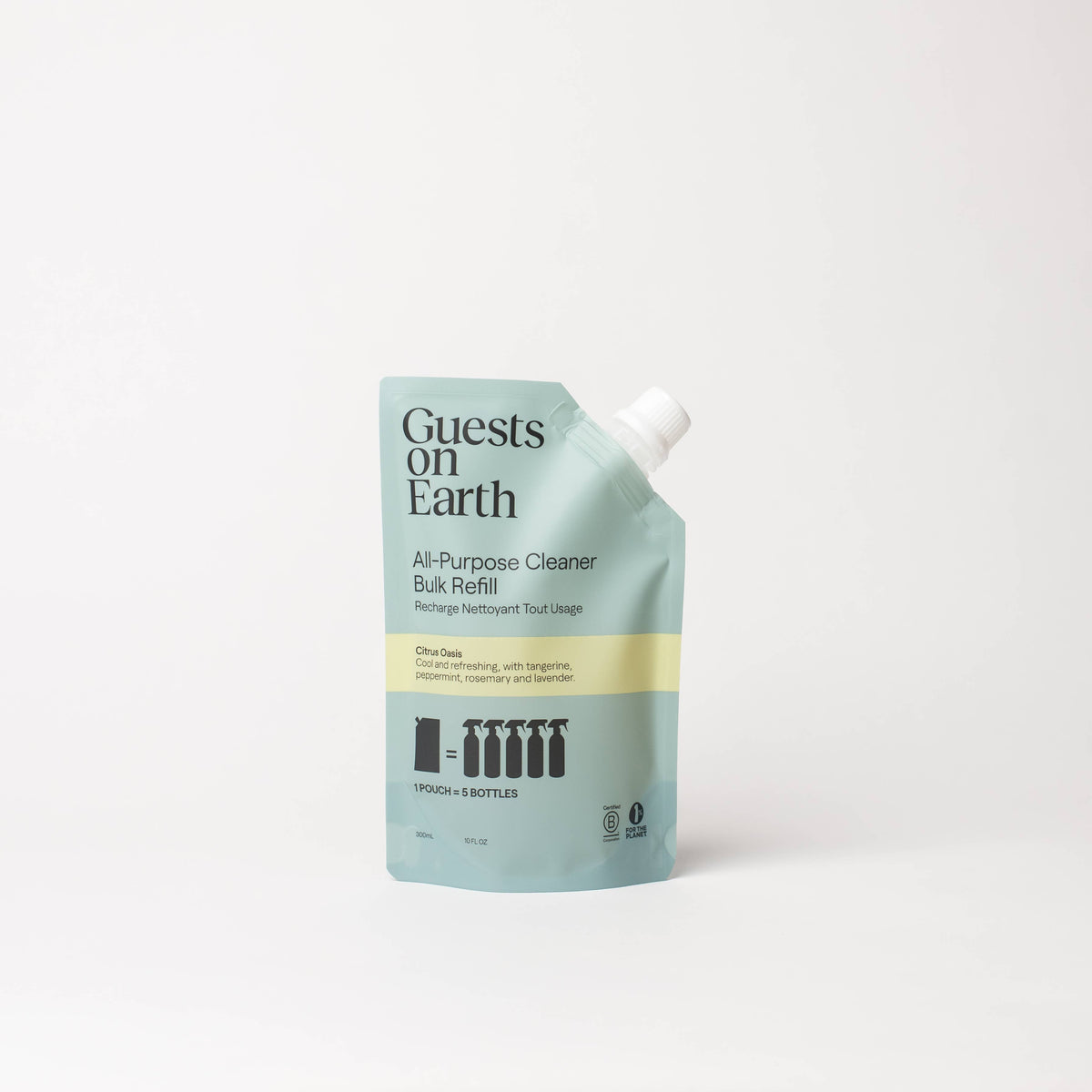 Guests on Earth Citrus Oasis All-Purpose Cleaner bulk refill pouch on a white surface.