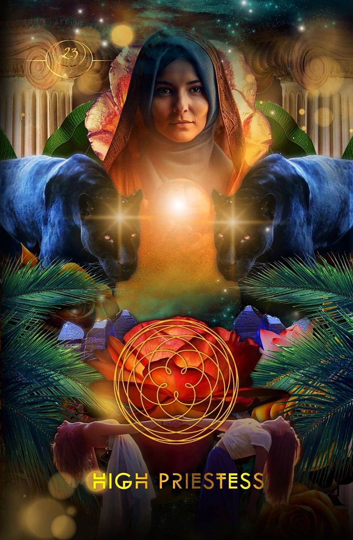 Woman in a hijab with mystical symbols and 'High Priestess' text
