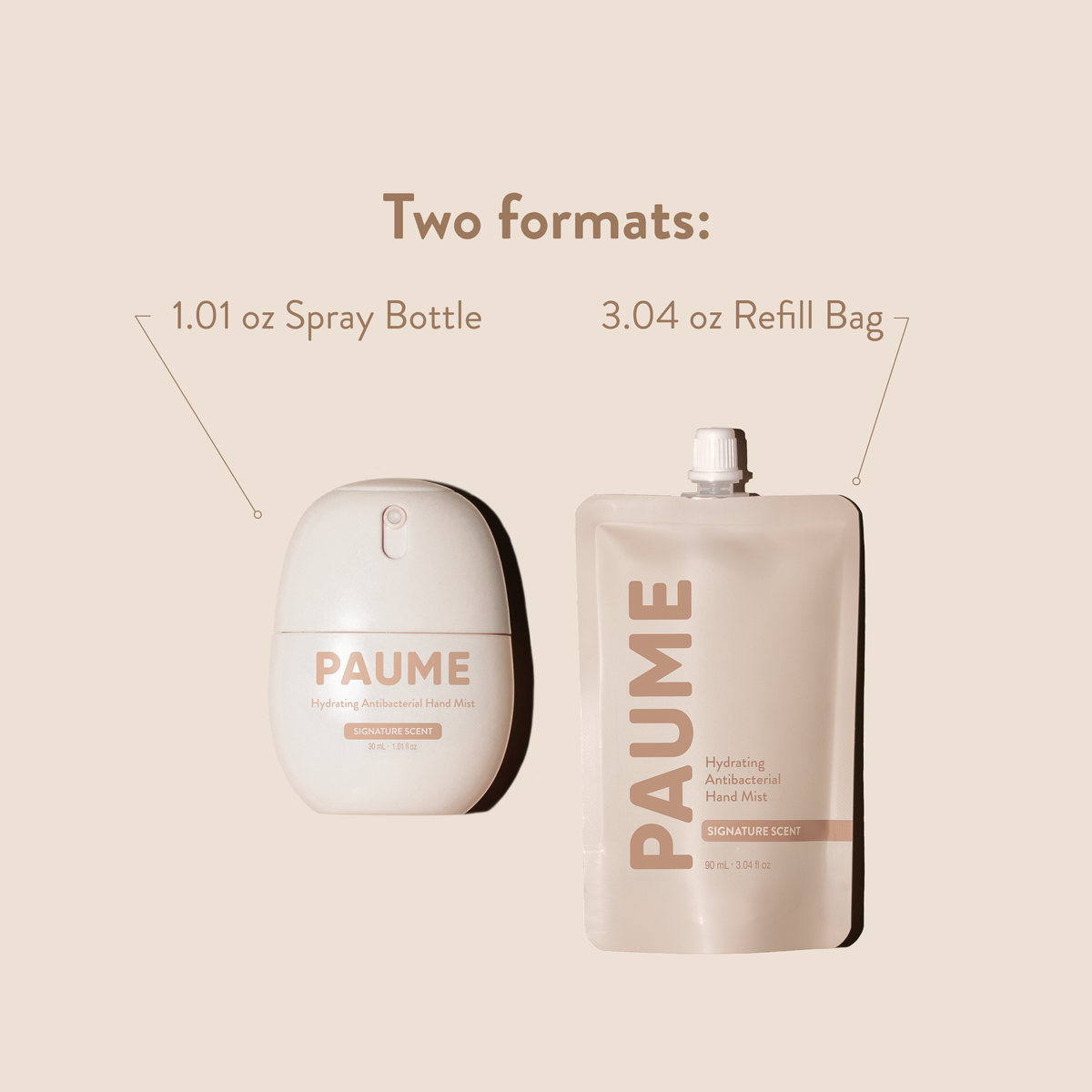PAUME spray bottle and refill bag on a beige background