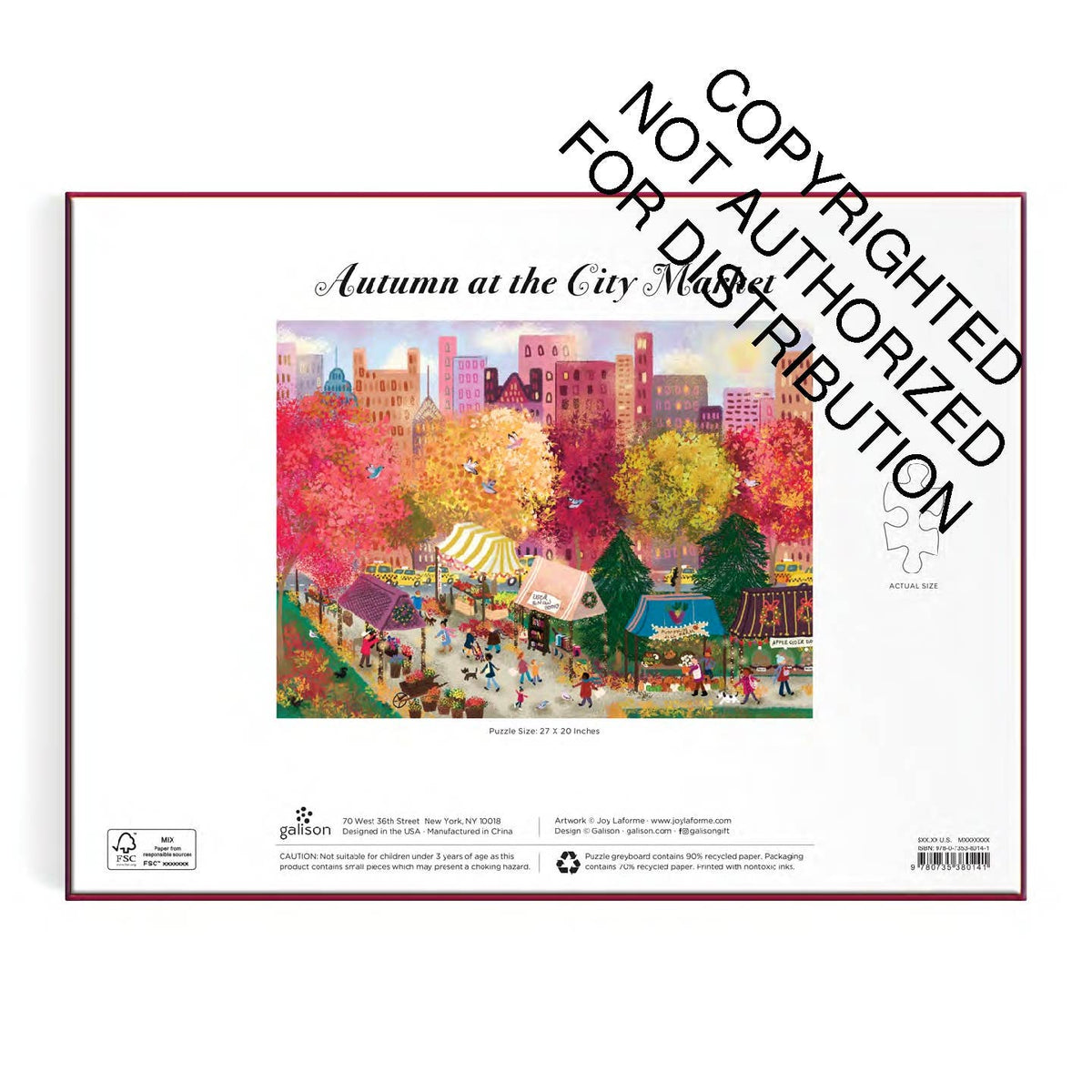 Back of box art puzzle showing a colorful city square scene titled 'Autumn at the City Market'. 