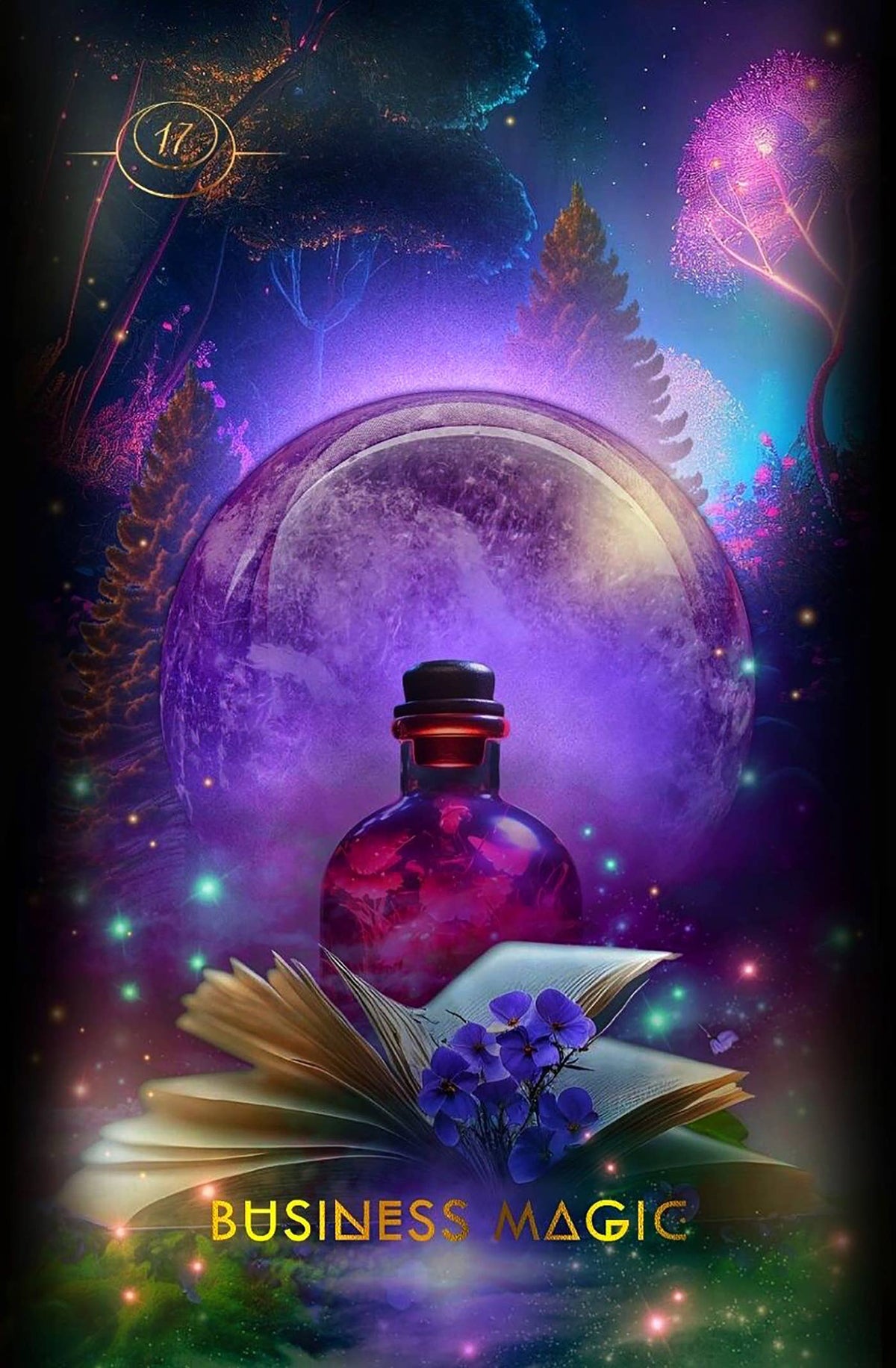 Magical potion bottle with open book and mystical forest background, labeled 'Business Magic'.