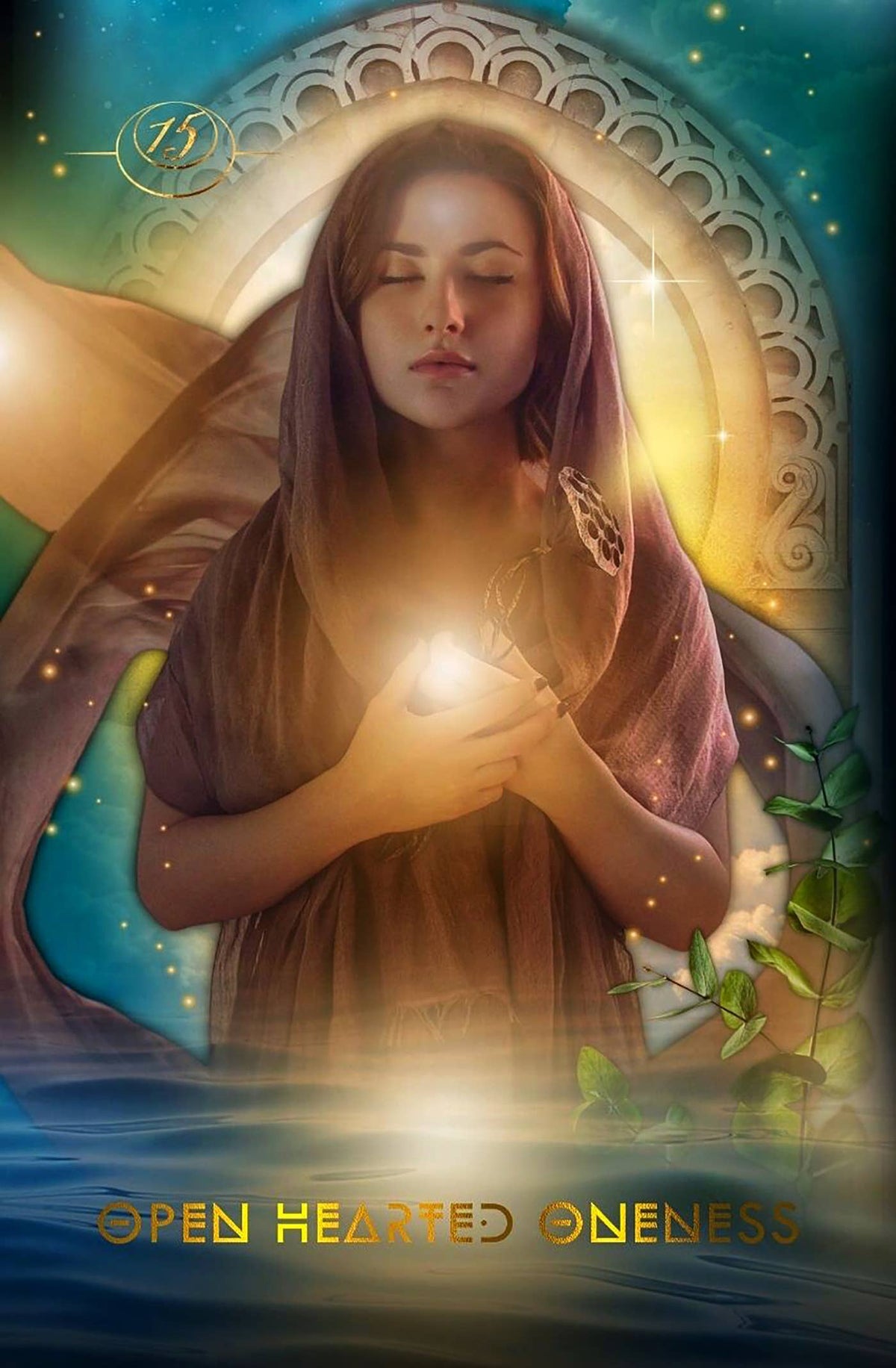 Woman holding a light with decorative arch and 'Open Hearted Oneness' text