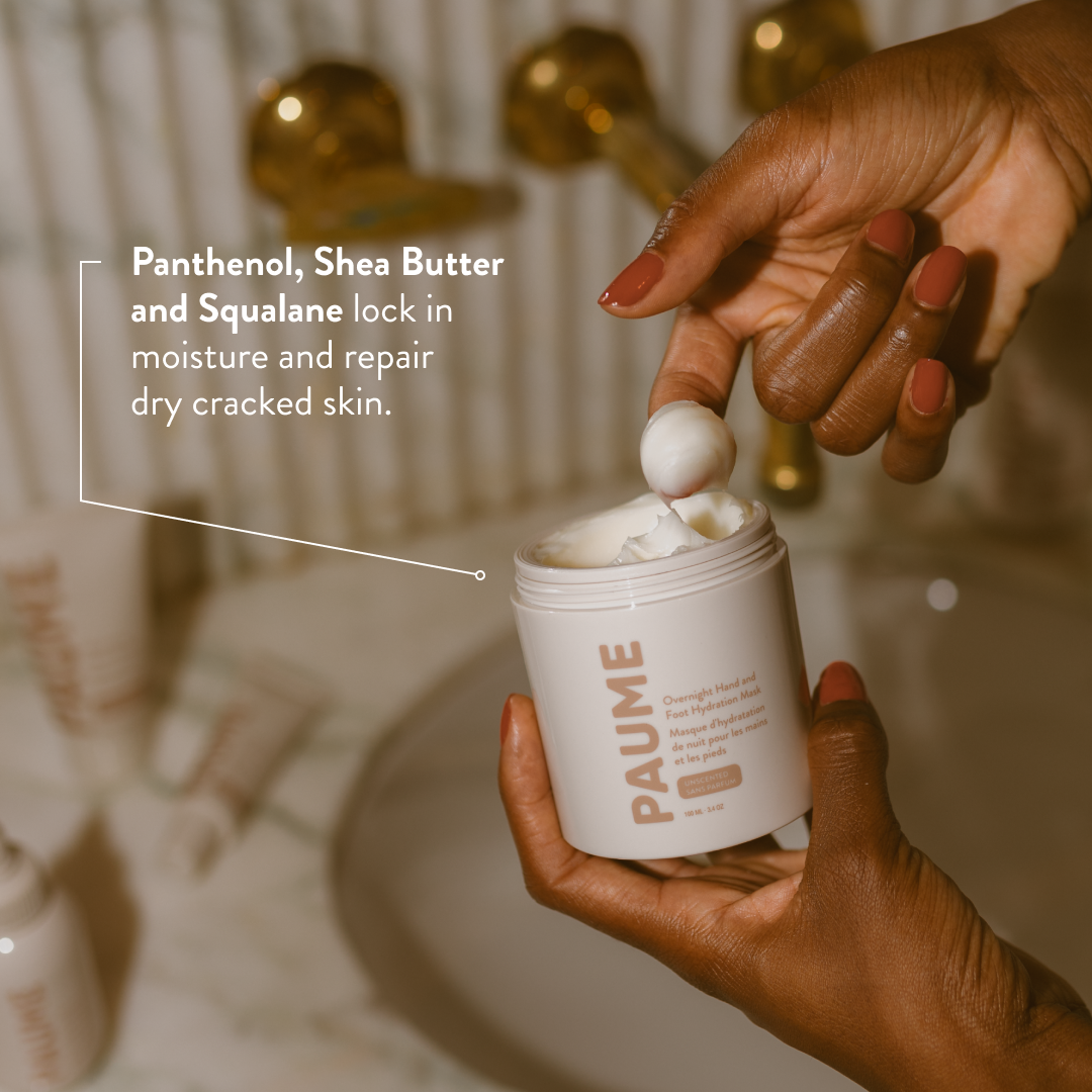 Person applying PAUME Overnight Hand & Foot Hydration Mask with text about ingredients.