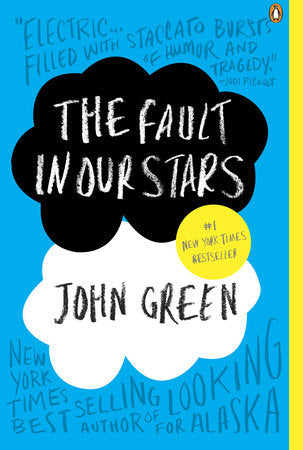 The Fault in Our Stars by John Green — blue paperback cover with black and white clouds
