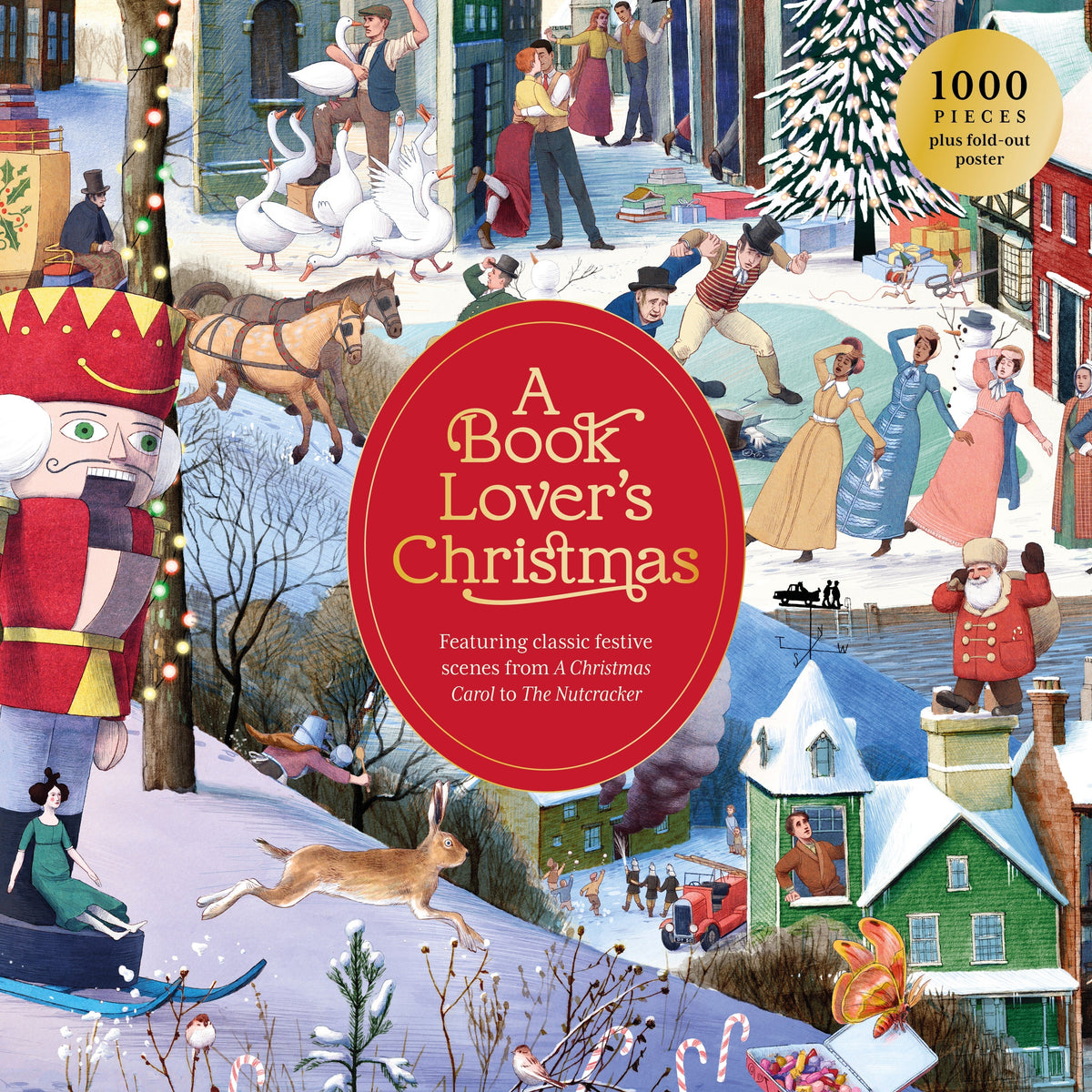 A Book Lover’s Christmas 1000-piece puzzle with illustrated characters and festive literary scenes