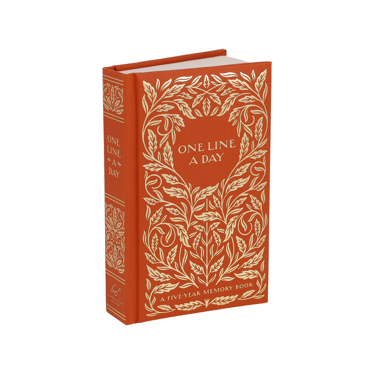 Gilded One Line a Day five-year journal with an orange cover and gold ornamental foliage
