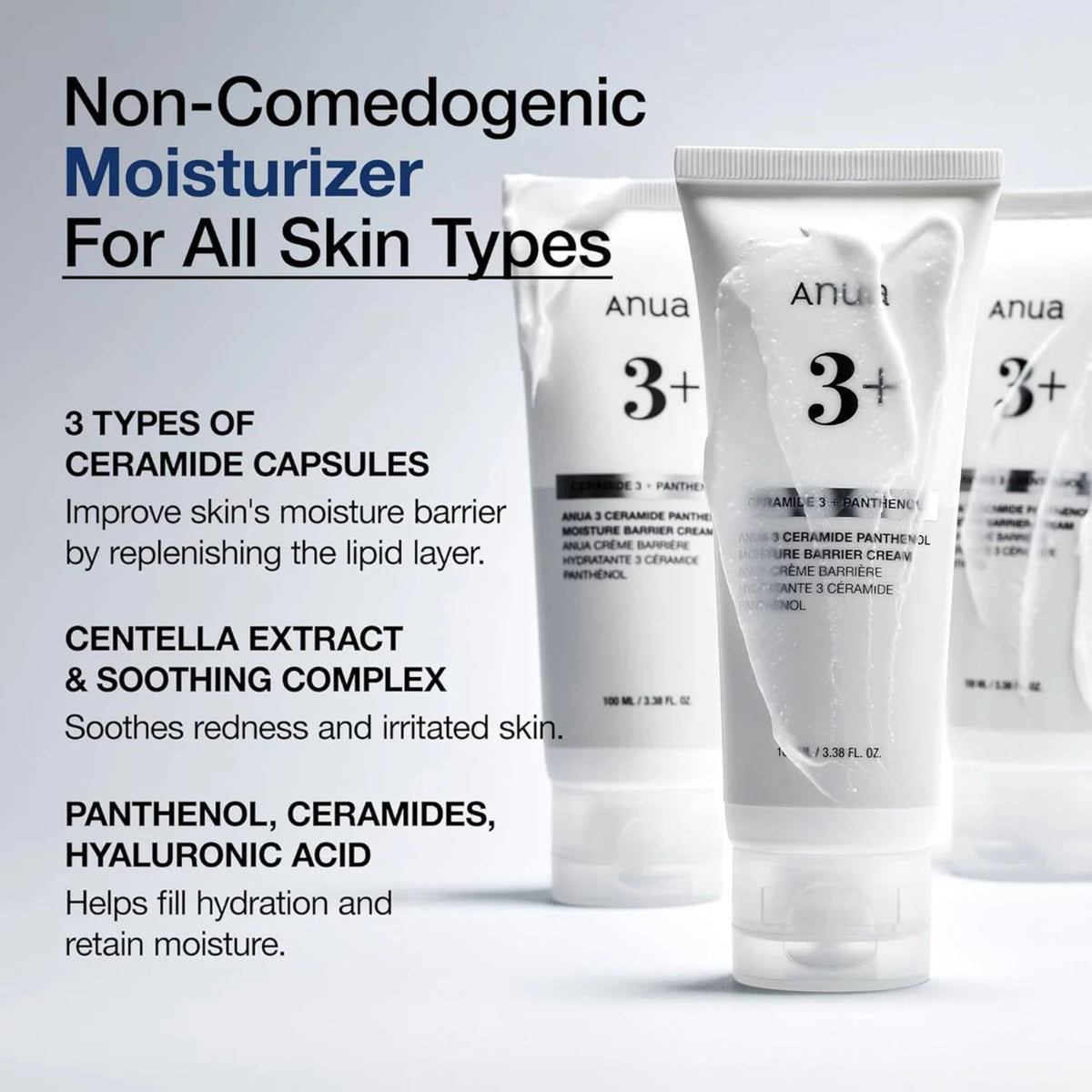 Anua 3+ moisturizer tubes with product details on a light gray background