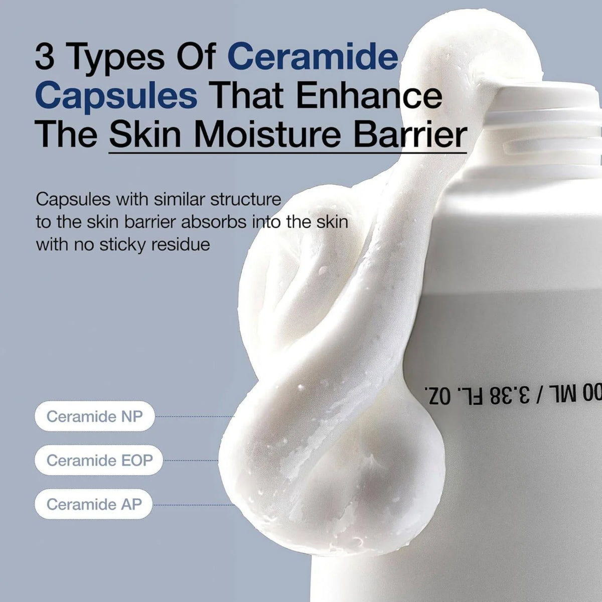 ANUA3 Ceramide cream being applied to a white applicator with text about ceramide capsules on a gray background