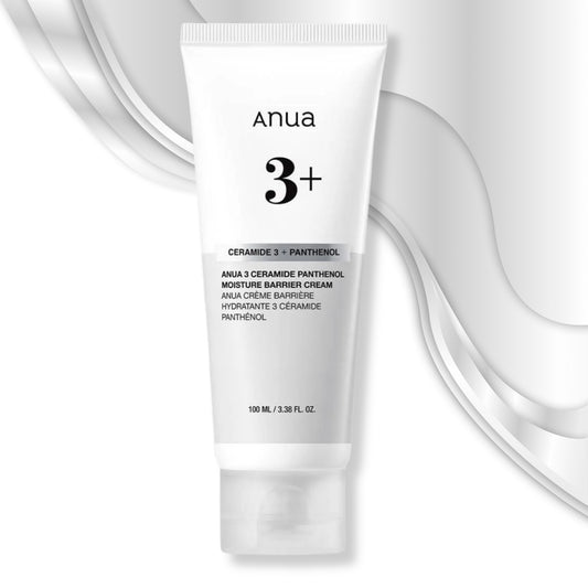 Anua 3+ Ceramide 3 + Panthanol Moisture Barrier Cream in a white squeeze tube, set against a white background with elegant silver wavy lines.