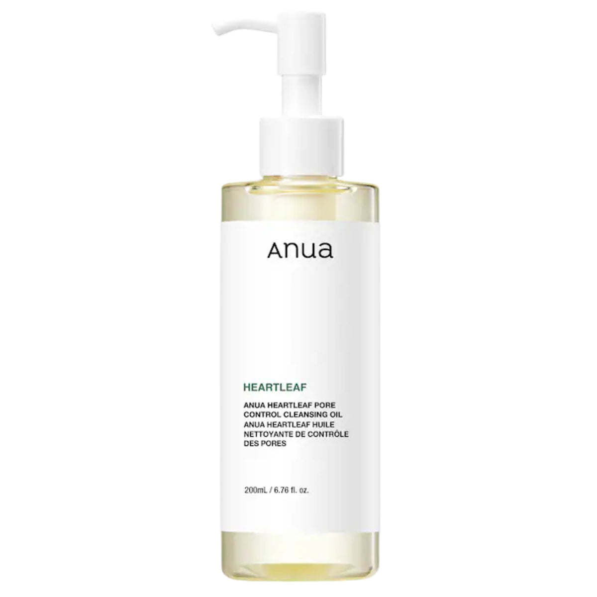 Anua Heartleaf Pore Control Cleansing Oil in a 200ml clear bottle with a white pump dispenser and a white label, shown on a solid white background.