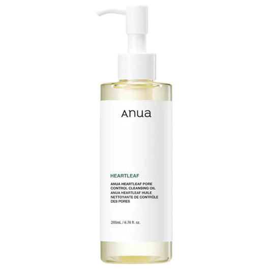Anua Heartleaf Pore Control Cleansing Oil in a 200ml clear bottle with a white pump dispenser and a white label, shown on a solid white background.