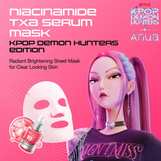 Niacinamide TXA Serum Mask KPOP Demon Hunters Edition featuring a pink-toned illustrated character with purple hair, a white sheet mask illustration, and a small serum bottle on a bright pink background. Visible text includes Netflix and KPOP Demon Hunters branding.