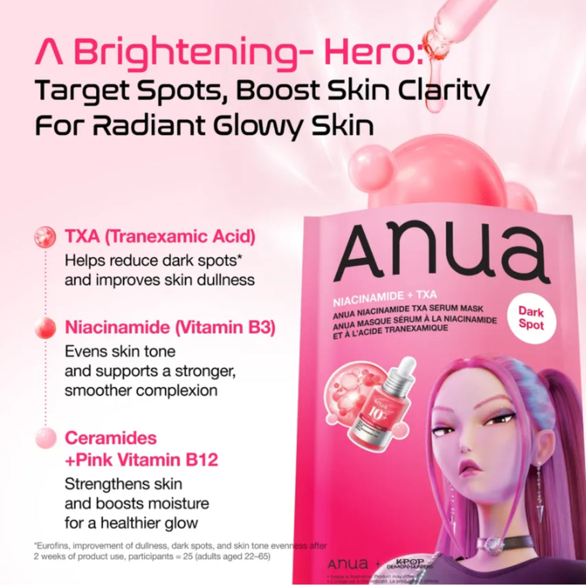 Anua Niacinamide + TXA Serum Mask in a bright pink packaging, displayed on a matching pink promotional background with text detailing its ingredients and benefits.