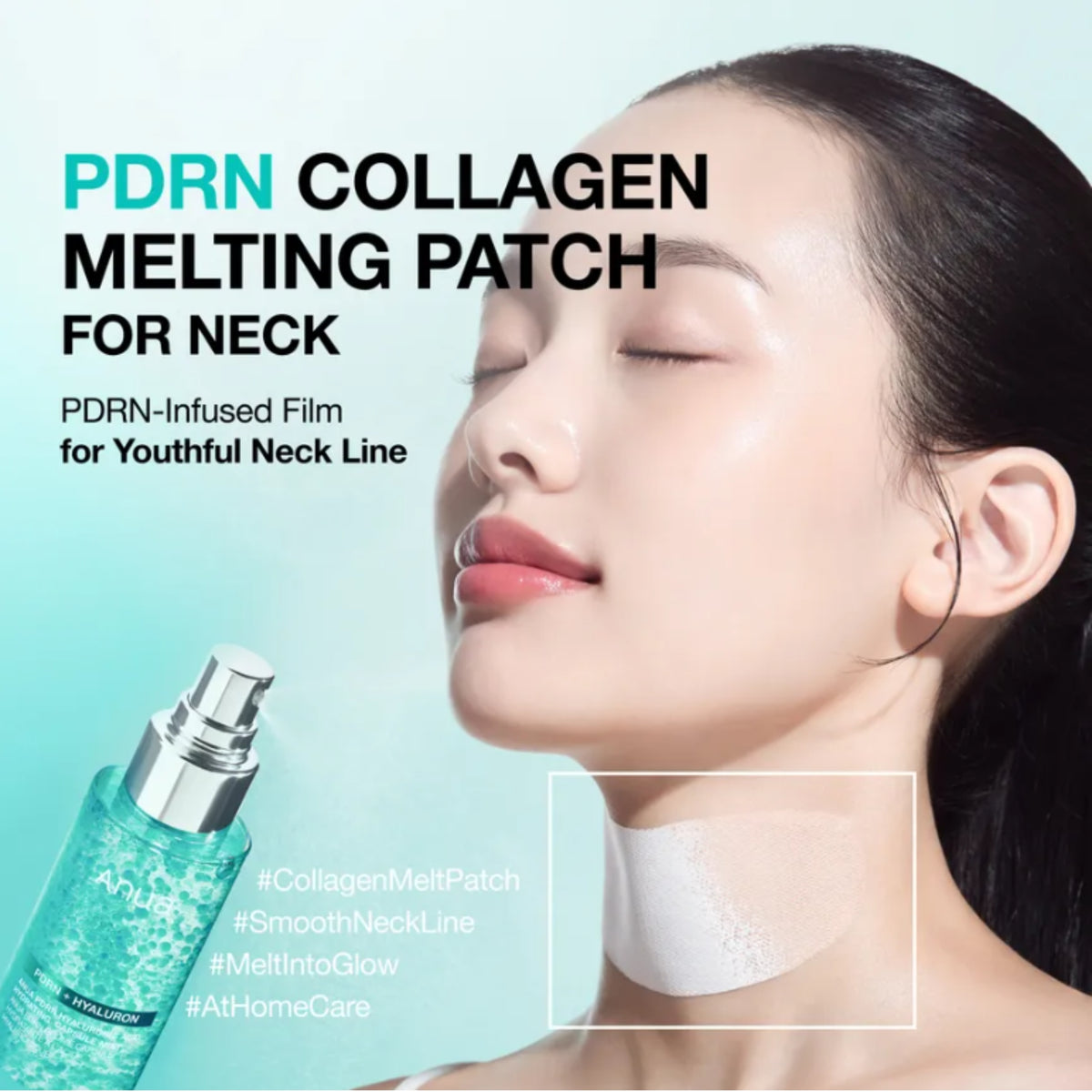 PDRN Collagen Melting Patch for neck with a woman's face and product on a light blue background.