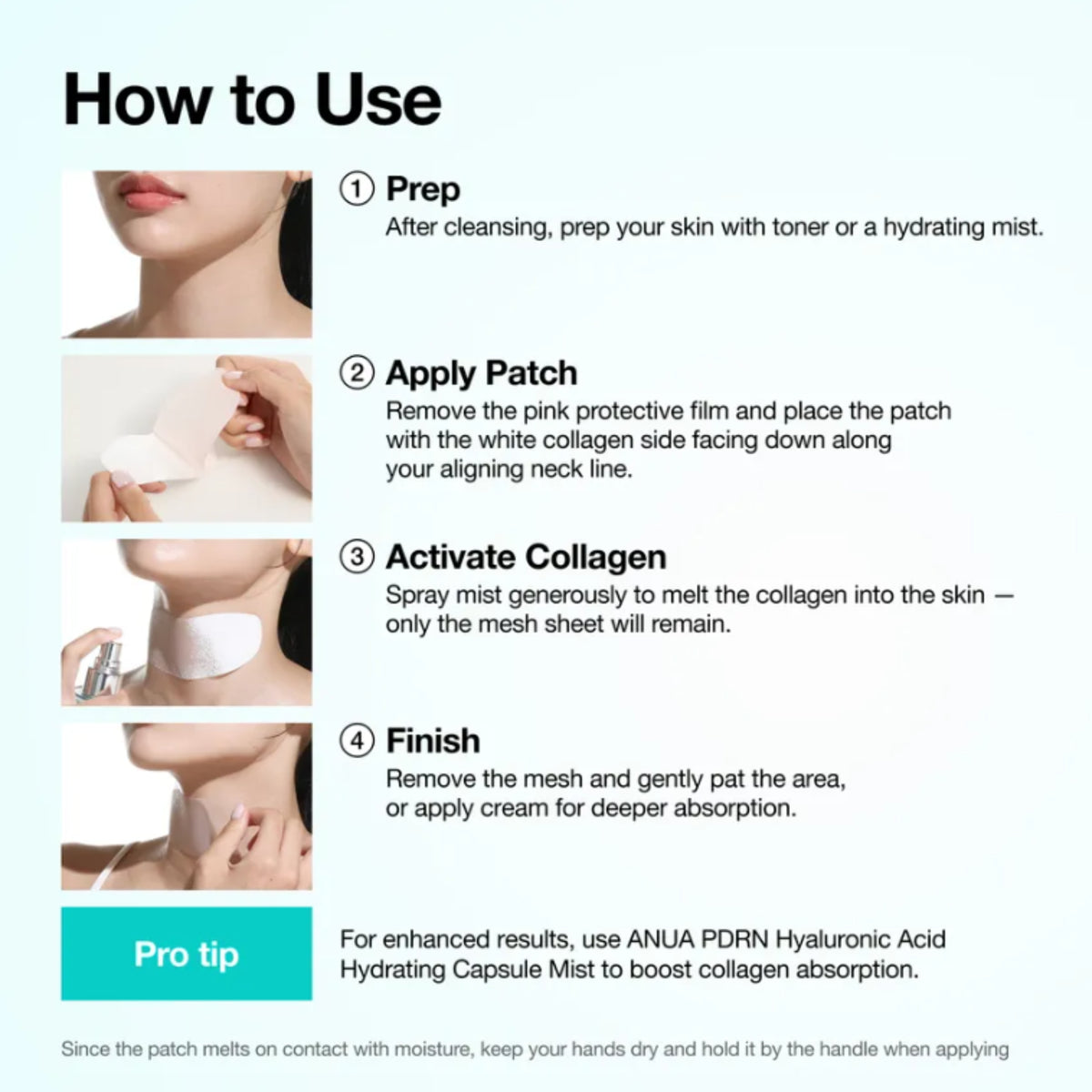 An instructional graphic titled 'How to Use' showing four numbered steps with small photos of a model applying a collagen patch. The steps include cleansing, applying a pink protective patch along the neck, spraying a mist to activate collagen, and finishing.