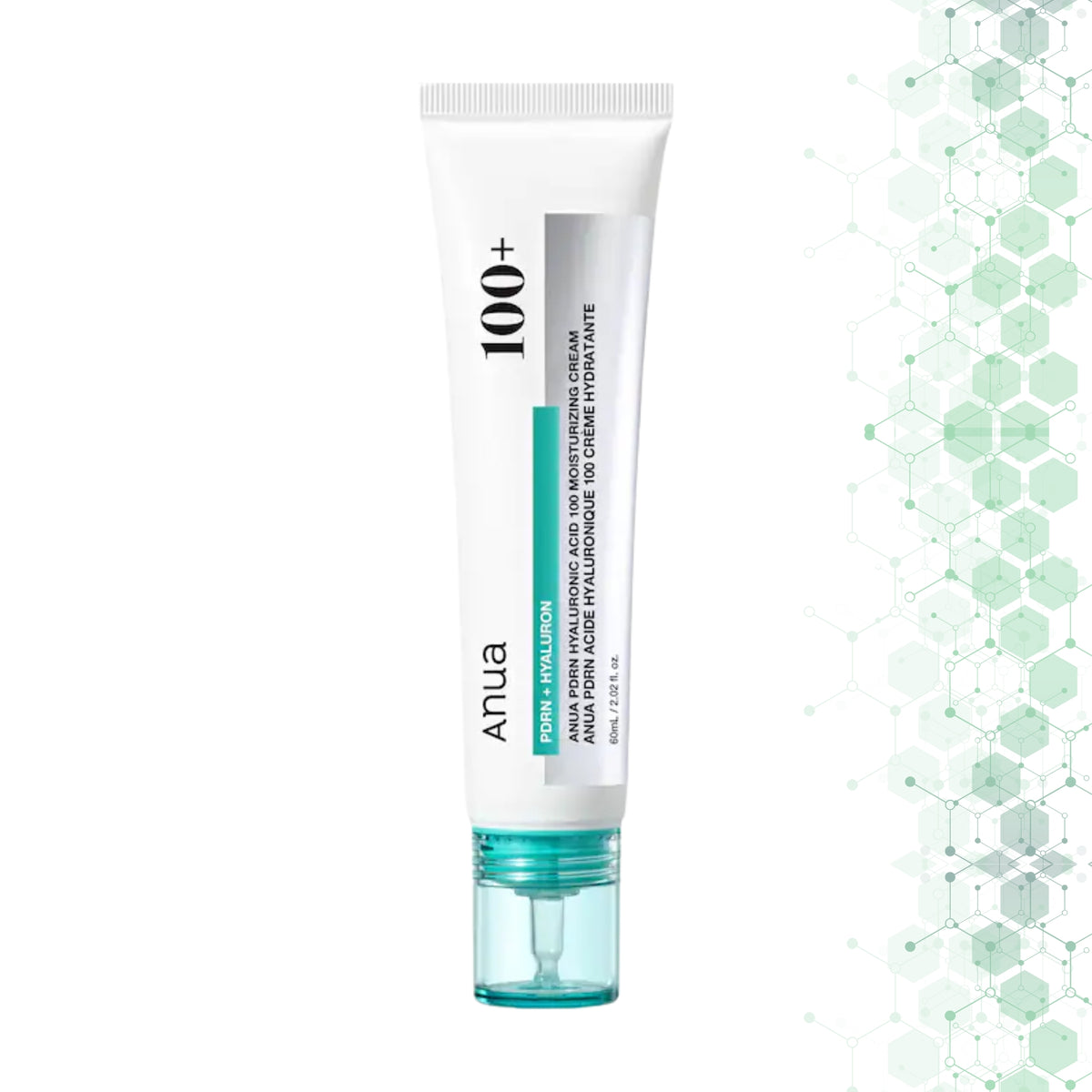 Anua 100+ Skin Power Hyaluception moisturizing cream in a white squeeze tube with a clear cap, shown on a white background with a light green hexagonal graphic pattern on the right.