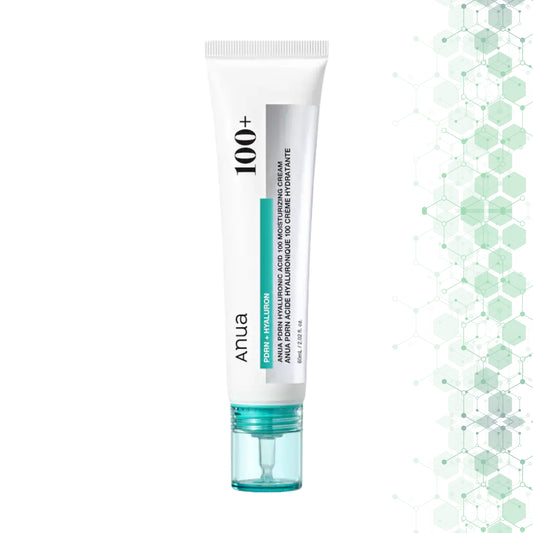 Anua 100+ Skin Power Hyaluception moisturizing cream in a white squeeze tube with a clear cap, shown on a white background with a light green hexagonal graphic pattern on the right.