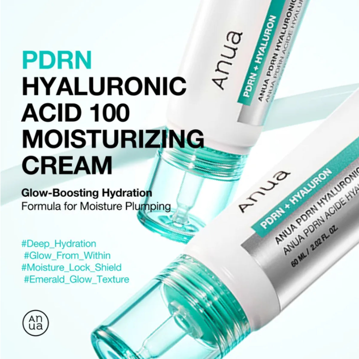 Anua PDRN Hyaluronic Acid 100 Moisturizing Cream packaging with text on a white background