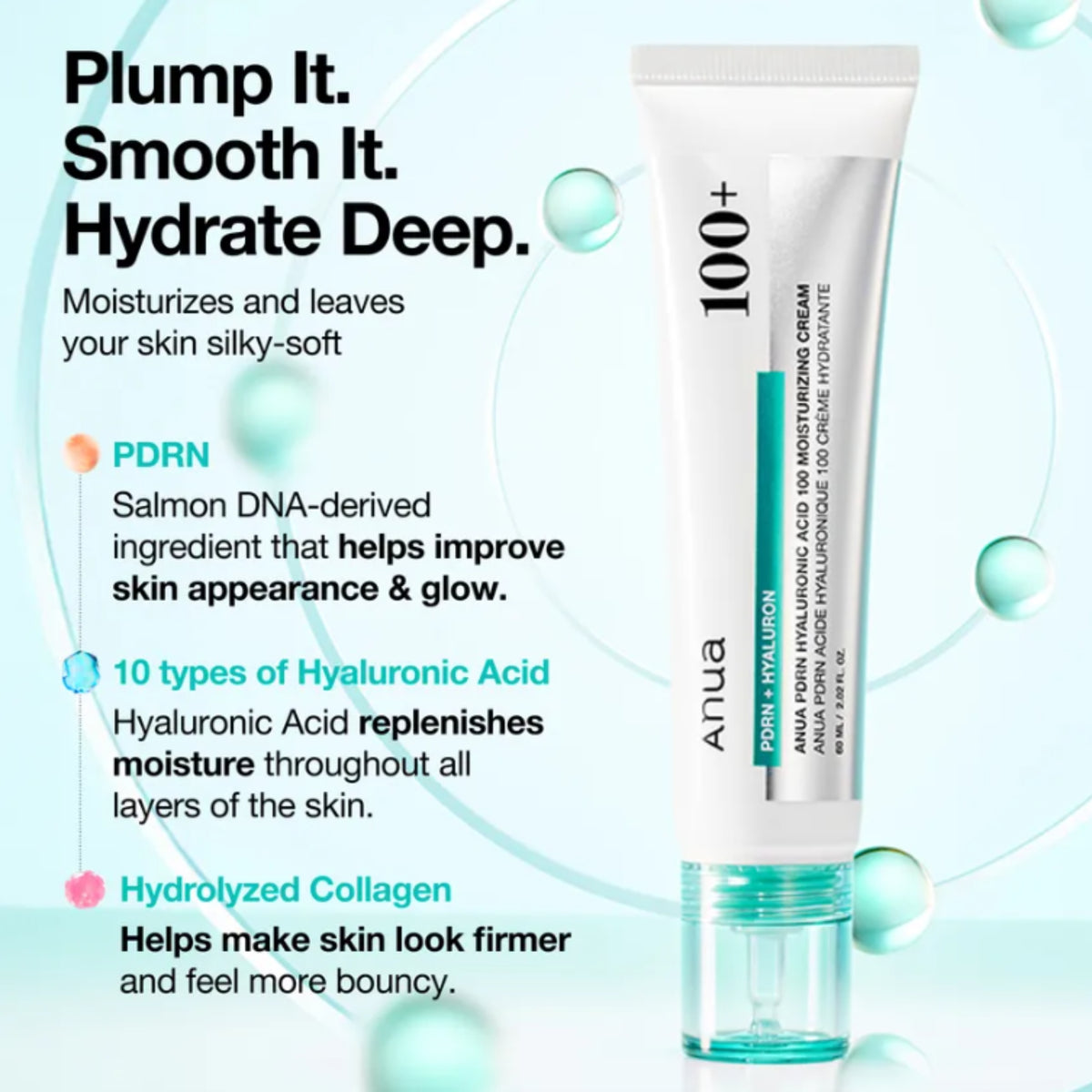 Anua 100+ Hyaluronic Acid and Peptide Cream tube shown on a light blue graphic background with marketing text about moisturizing and skin benefits.