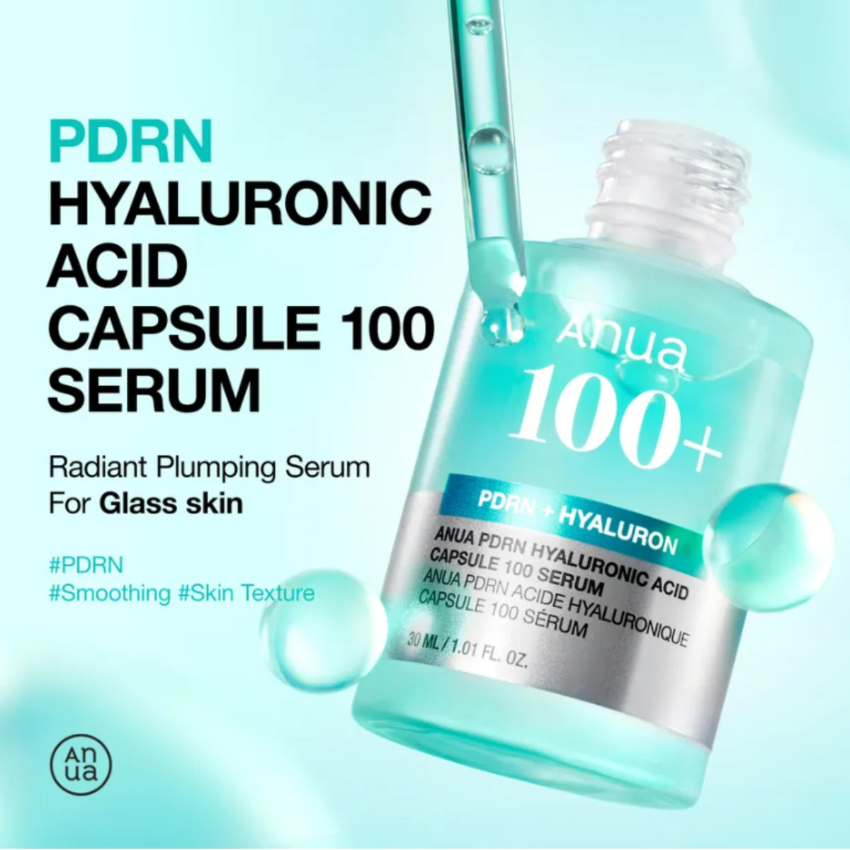 Anua 100+ Hyaluronic Acid Serum bottle with dropper on a light blue background